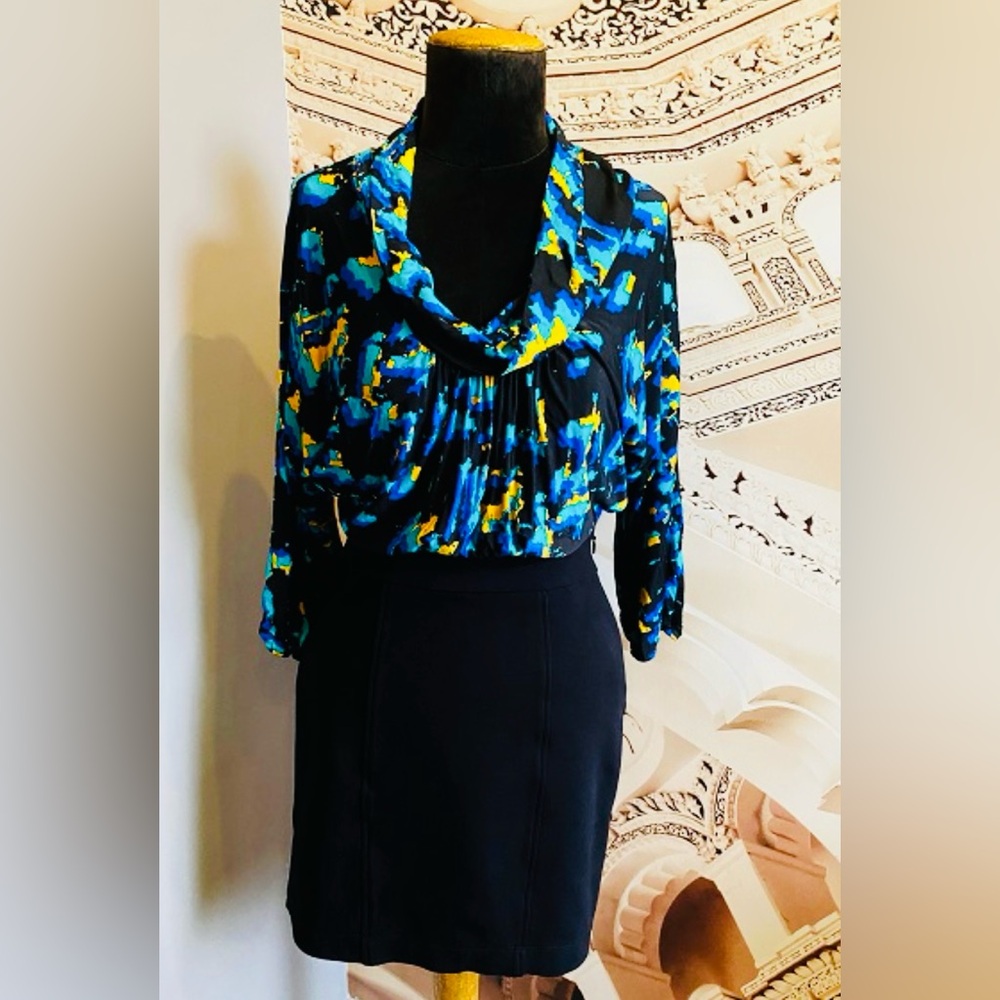 BCBGMAXAZRIA Blue and Yellow Abstract Mini Dress
